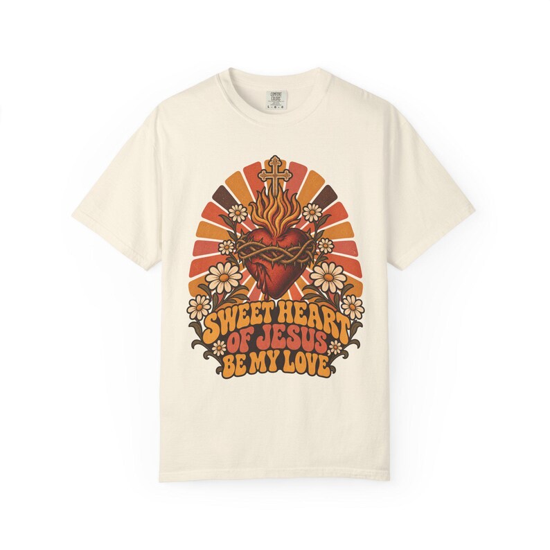レトロな聖心Tシャツ、ビー・マイ・ラブ ヴィンテージサンバースト、カトリックの彼女へのギフト、ファーストフライデー クリスチャン レディースシャツ、コンフォートカラーズ 画像 3