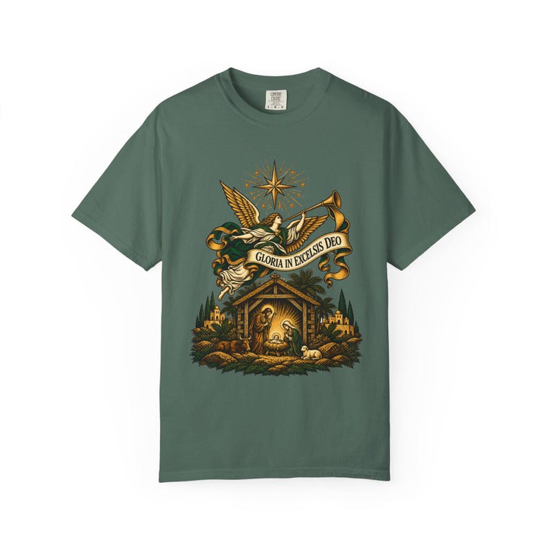 Herald Angel Trumpet Tee, Glory to God in the Highest Nativity, Vintage Christian Christmas Gift for Mass or Choir, Comfort Colors image 7