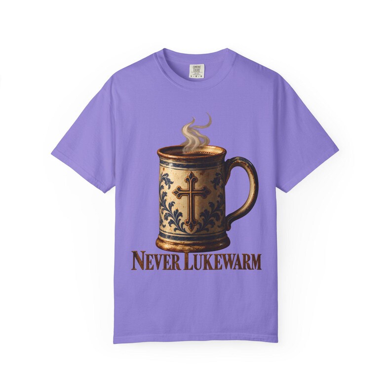 Never Lukewarm Comfort Colors Shirt | Christian Coffee T-Shirt | Gift for Coffee Lover | Stoneware Mug with Cross image 7