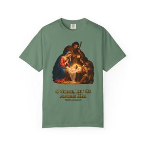 O Come Let Us Adore Him Comfort Colors Shirt | Catholic Christmas Nativity T-Shirt | Christmas Gift | Holy Family at the Manger image 7