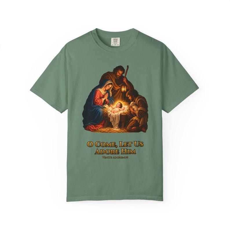 O Come Let Us Adore Him Comfort Colors Shirt | Catholic Christmas Nativity T-Shirt | Christmas Gift | Holy Family at the Manger image 7
