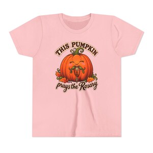 Youth Catholic Halloween Shirt, Pumpkin Prays Rosary, Fall Harvest Gift image 7