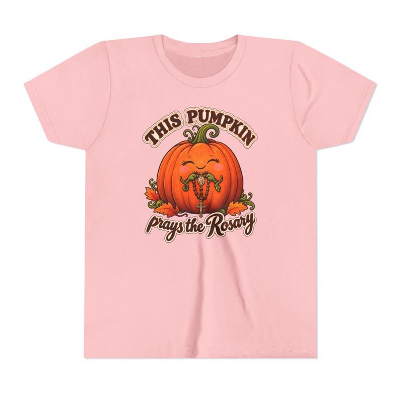 Youth Catholic Halloween Shirt, Pumpkin Prays Rosary, Fall Harvest Gift image 7