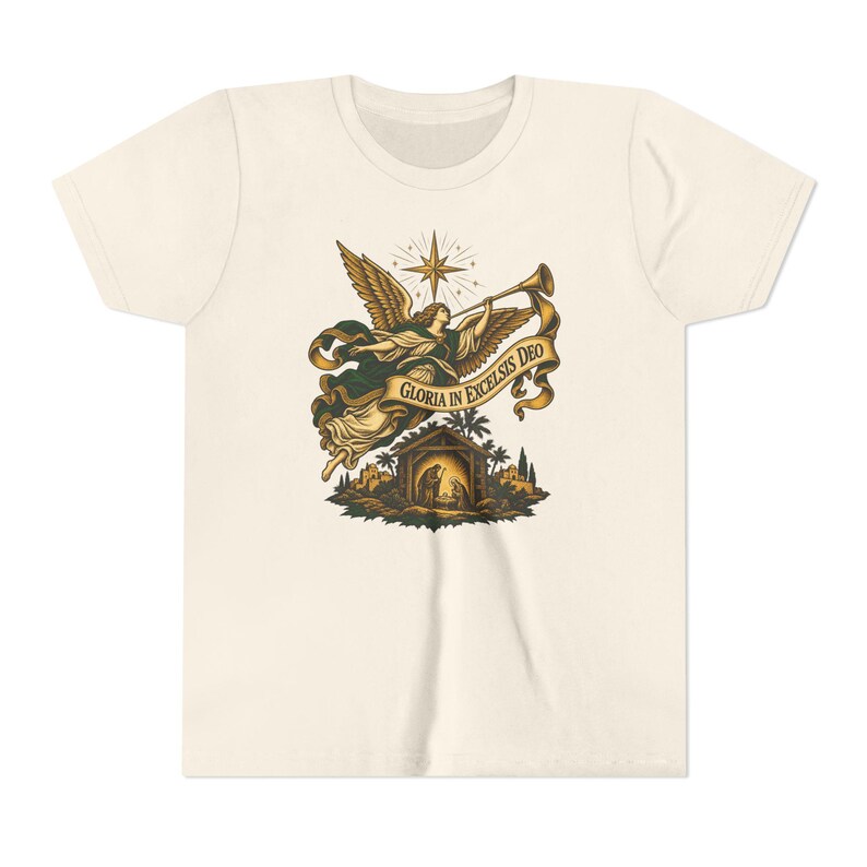 Camiseta infantil del Ángel de la Natividad, Camiseta juvenil Gloria in Excelsis Deo, Regalo católico de Navidad para niños, Representación navideña de la Estrella de Belén imagen 6