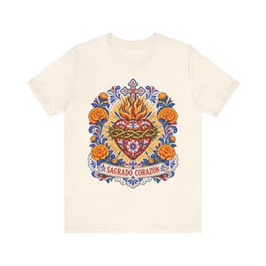 Sacred Heart Shirt, Sagrado Corazón Mexican Folk Art Tee, Talavera Style Catholic Gift for Latina Women, Regalo Católico, Hispanic Faith image 5