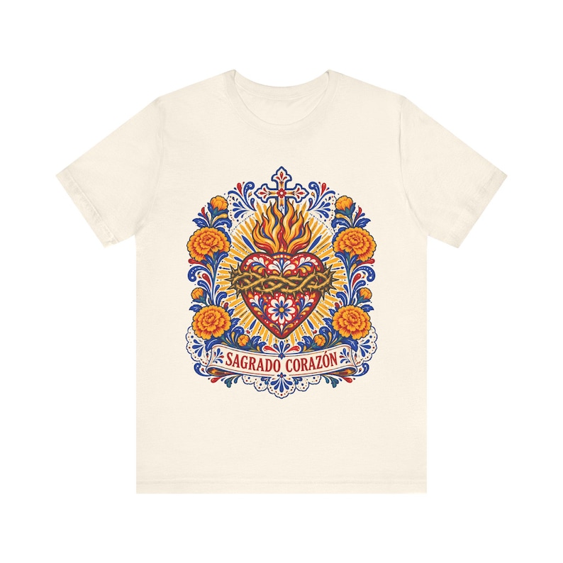 Sacred Heart Shirt, Sagrado Corazón Mexican Folk Art Tee, Talavera Style Catholic Gift for Latina Women, Regalo Católico, Hispanic Faith image 5