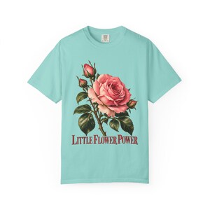 Little Flower Power Comfort Colors Shirt | St Therese Catholic T-Shirt | Gift for Catholic Women | Vintage Pink Roses image 6
