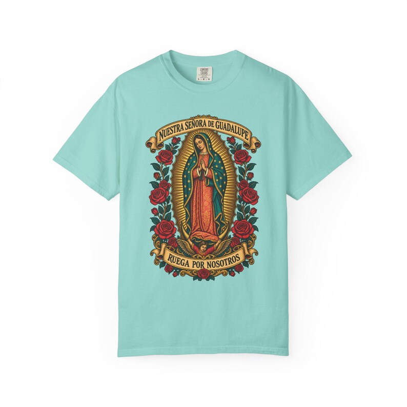 Nuestra Señora de Guadalupe Tee, Virgin of Tepeyac with Roses, Mexican Catholic Gift, Hispanic Mom Apparel, Dec 12 Feast Day, Comfort Colors image 7