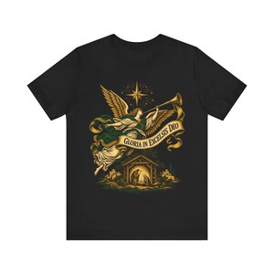 Gloria in Excelsis Deo Shirt, Catholic Christmas Nativity Tee, Herald Angel Trumpet and Star of Bethlehem, Christian Holiday Gift for Choir image 2