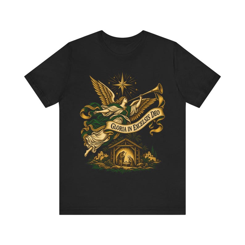 Gloria in Excelsis Deo Shirt, Catholic Christmas Nativity Tee, Herald Angel Trumpet and Star of Bethlehem, Christian Holiday Gift for Choir image 2