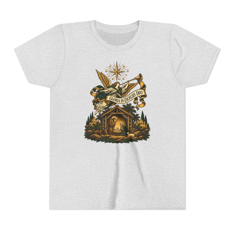 Kids Herald Angel Trumpet Shirt, Youth Glory to God in the Highest Tee, Christian Christmas Gift for Kids, Vintage Nativity image 2