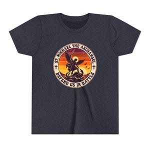 Kids Retro St Michael Badge Shirt, Youth Defend Us in Battle Tee, Catholic Boys Gift, Archangel Slaying Dragon Sunset image 17