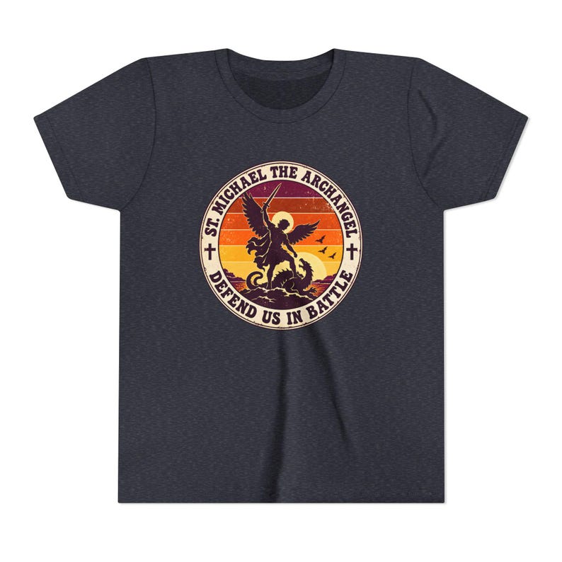 Kids Retro St Michael Badge Shirt, Youth Defend Us in Battle Tee, Catholic Boys Gift, Archangel Slaying Dragon Sunset image 17