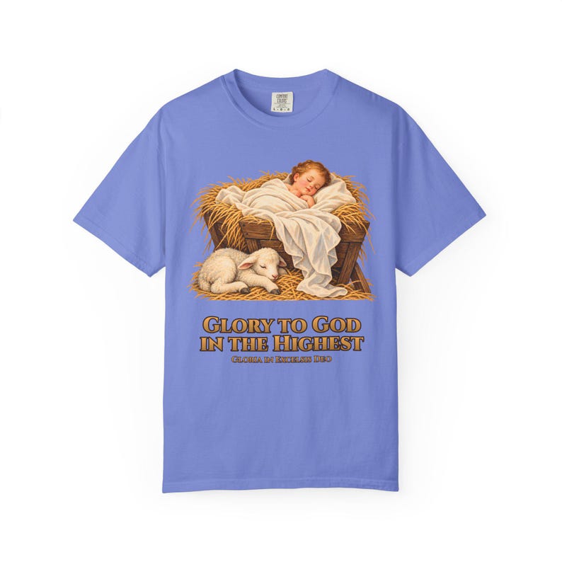 Glory to God in the Highest Comfort Colors Shirt | Catholic Christmas Nativity T-Shirt | Christmas Gift | Christ Child with Lamb image 7