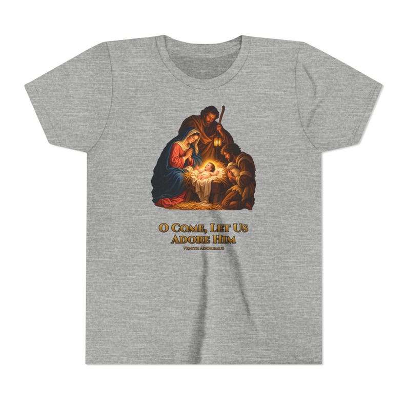 Kids O Come Let Us Adore Him Shirt, Youth Nativity Christmas Tee, Catholic Christmas Gift for Kids, Holy Family Venite Adoremus image 11