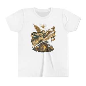 Camiseta infantil del Ángel de la Natividad, Camiseta juvenil Gloria in Excelsis Deo, Regalo católico de Navidad para niños, Representación navideña de la Estrella de Belén imagen 1