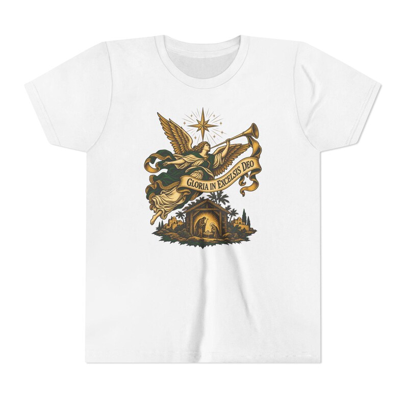 Camiseta infantil del Ángel de la Natividad, Camiseta juvenil Gloria in Excelsis Deo, Regalo católico de Navidad para niños, Representación navideña de la Estrella de Belén imagen 1