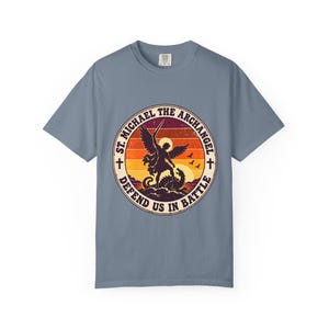 Retro St Michael Badge Tee, Defend Us in Battle Sunset, Archangel Slaying Dragon, Vintage Catholic Shirt, Men's Gift, Comfort Colors image 7