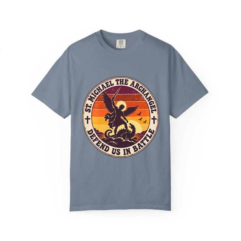 Retro St Michael Badge Tee, Defend Us in Battle Sunset, Archangel Slaying Dragon, Vintage Catholic Shirt, Men's Gift, Comfort Colors image 7