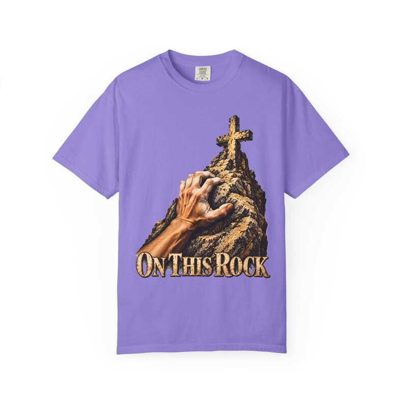 On This Rock Comfort Colors Shirt | Catholic Climbing T-Shirt | Gift for Rock Climber | Hand on Rock with Cross image 4