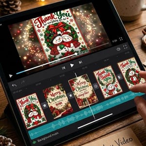 Könnte beinhalten: Ein Tablet mit einer Videobearbeitungsoberfläche und mehreren weihnachtlichen Grußkartenvorlagen. Auf dem Bildschirm ist Text zu sehen, darunter Thank You for everything you do, Merry Christmas son und Merry Christmas daughter.
