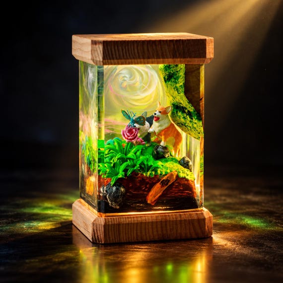 Handmade Corgi Resin Lamp, Woodland Forest Diorama, Epoxy Wood Night Light (USB Powered)