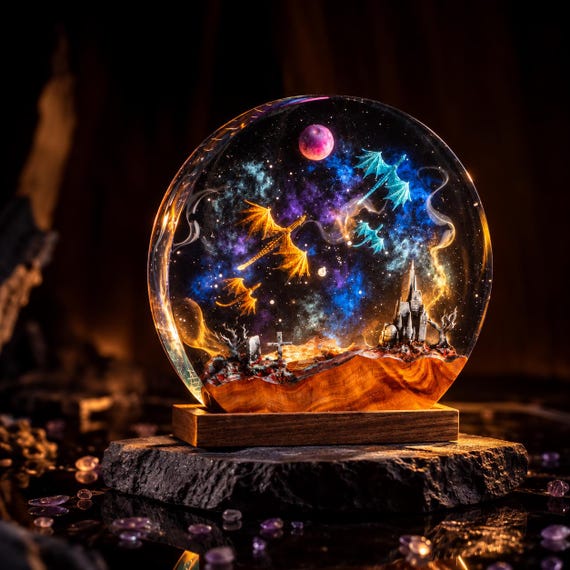 Handcrafted Dragon Galaxy Resin Lamp, Fantasy Castle Moon Night Light (USB Powered)