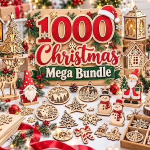 May include: A 1000 Christmas Mega Bundle collection featuring laser-cut wooden ornaments, including snowflakes, stars, reindeer, snowmen, and miniature houses. The set includes a large sign with red text, a Santa figurine, and a wooden storage box.