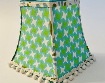 starfish lampshade, coastal lampshade, green and blue lampshade, lampshade with pompoms