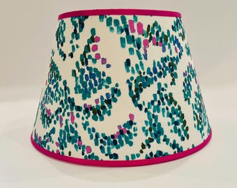 Abstract Teal Blue Drum Lampshade | Pink Trim Modern Pattern Home Decor