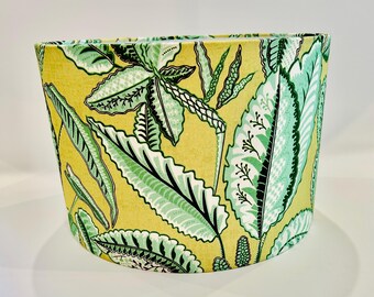Green Botanical Lampshade – Handmade Fabric Drum Shade, Leaf Print, Boho Home Decor