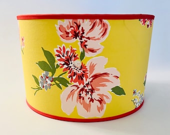 Yellow Floral Drum Lampshade – Coral Trim Table Lamp Shade – Bold Botanical Statement Lighting