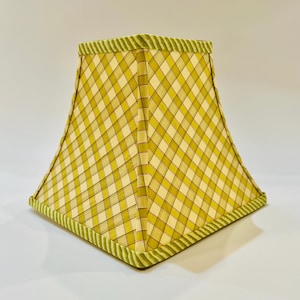 olive green plaid lampshade, square lampshade, olive green and pink lampshade