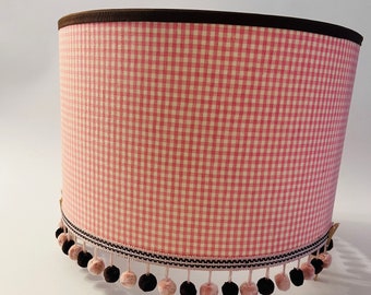 Pink Gingham Drum Lamp Shade with Tassels