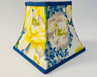 blue and yellow floral lampshade, blue and yellow decor, floral lampshade, square lampshade