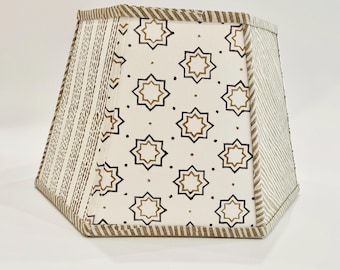 Handmade Patchwork Lampshade – Beige & Gold Block Print, Boho Style