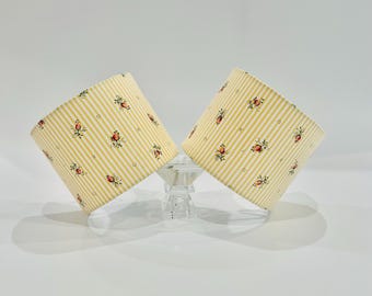 Pair of Bespoke Floral Shield Lampshades | Yellow Striped Sconce Shades | Luxury Artisan Wall Lighting