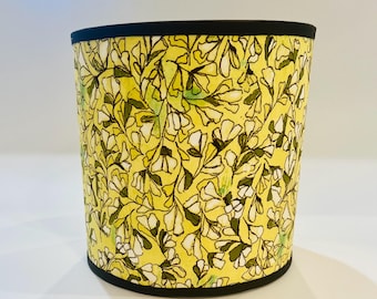 Yellow Floral Drum Lampshade – Botanical Leaf Print Table Lighting