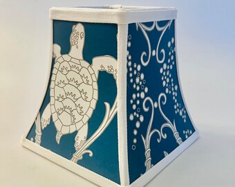 Blue Sea Turtle Square Lampshade – Coastal Beach House Lamp Shade – Nautical Home Decor