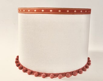 Dusty Rose Pom Pom Trim Lampshade – White Fabric Shade, Boho Nursery Decor