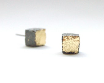 Gold and Concrete Cube Earrings - Gold and Gray Cement Jewelry