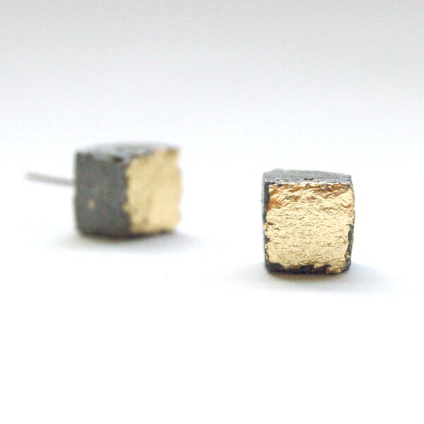 Gold and Concrete Cube Earrings - Gold and Gray Cement Jewelry