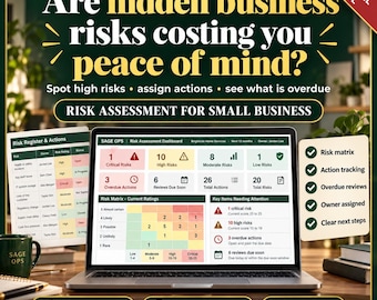 May include: A digital risk assessment dashboard for small businesses displayed on a laptop screen. The interface features a risk matrix, action tracking, and status summaries. Text includes 'Are hidden business risks costing you peace of mind?' and 'Risk Assessment for Small Business'.
