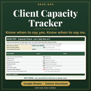 May include: A digital Client Capacity Tracker spreadsheet template on a dark green background. The interface displays fields for new client inquiries, weekly hours, and a capacity verdict, with text reading Sage Ops and Google Sheets.