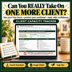 May include: A digital client capacity tracker displayed on a laptop screen, featuring a spreadsheet with columns for hours and notes. Beside the laptop sits a notepad with a checklist and a mug with the text PLAN TRACK PROTECT GROW.