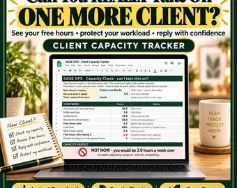 Workload Tracker Google Sheets, Client Capacity Planner for Freelancers and Virtual Assistants, Client Hours Tracker Spreadsheet