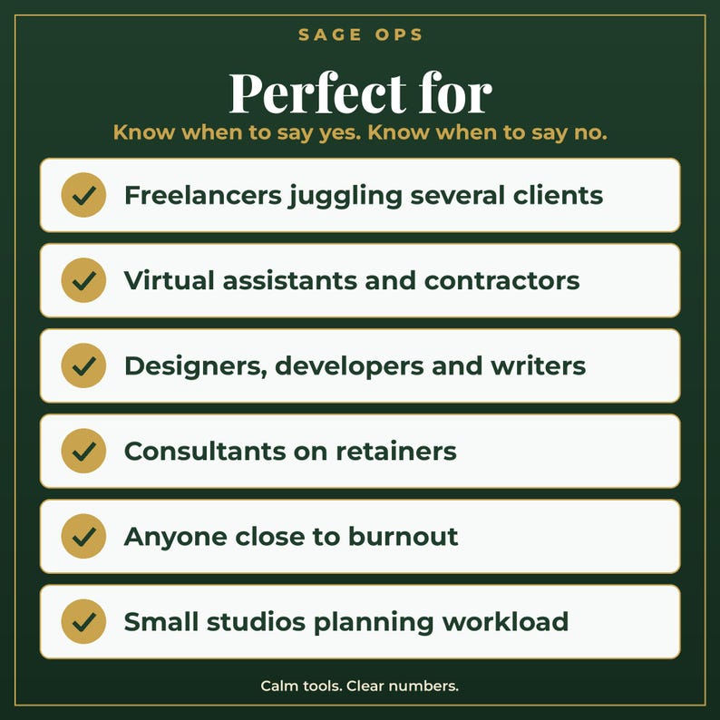 May include: A dark green informational graphic titled Sage Ops with the text Perfect for, Know when to say yes. Know when to say no. It lists six categories with gold checkmarks: Freelancers, Virtual assistants, Designers, Consultants, Burnout, and Studios.