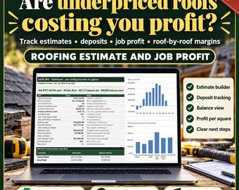 Roofing Estimate Spreadsheet, Roofing Job Profit Tracker, Roof Estimate by the Square, Deposit and Balance Tracker, Google Sheets