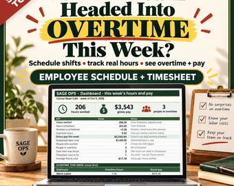 Employee Schedule Template Google Sheets, Timesheet Template, Staff Schedule, Weekly Work Schedule, Employee Time Sheet with Overtime