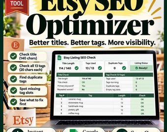 Etsy SEO Tool Google Sheets, Etsy Title and Tag Checker, Etsy Shop Audit Spreadsheet, Etsy Seller Tools for Listing SEO